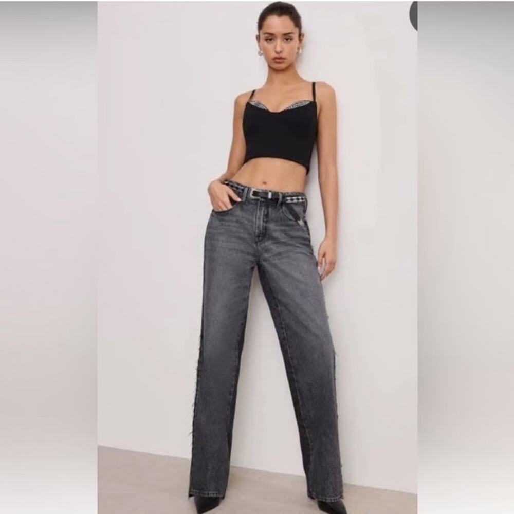 NWT Good‎ American Good '90s Two Tone Fringe Side Jeans Gray Black Size 18